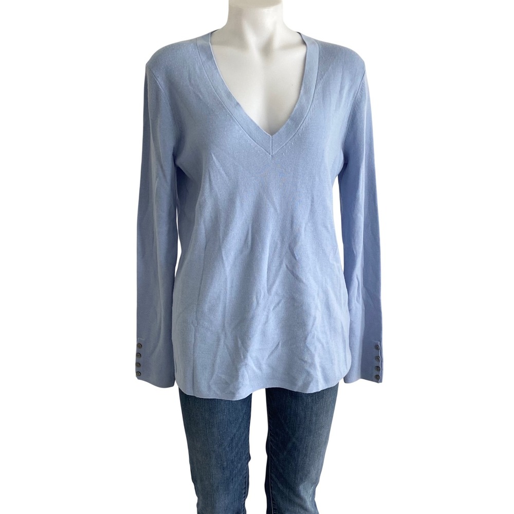 Banana Republic Womens XL Blue 100% Merino Wool V-Neck Button Cuff Sweater